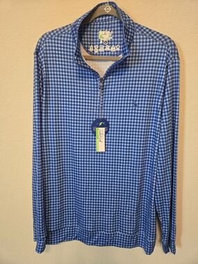 Peter Millar Blue Gingham Quarter-Zip Long Sleeve Shirt XL